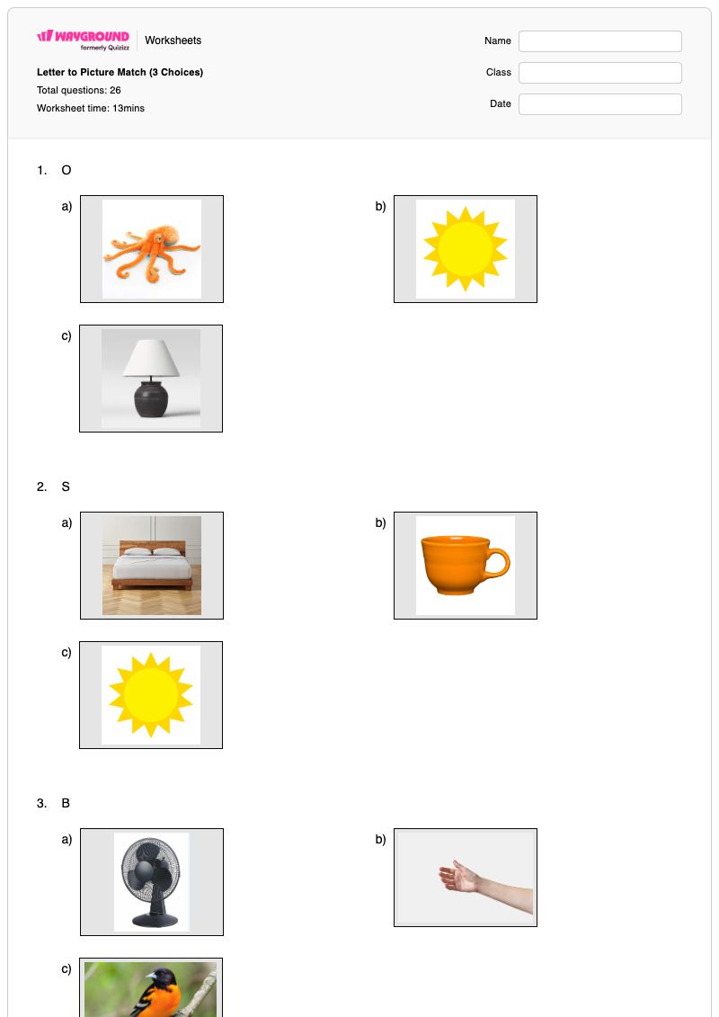 Letter to Picture Match (3 Choices) - พิมพ์ได้ The-letter-a เวิร์กชีท - Wayground