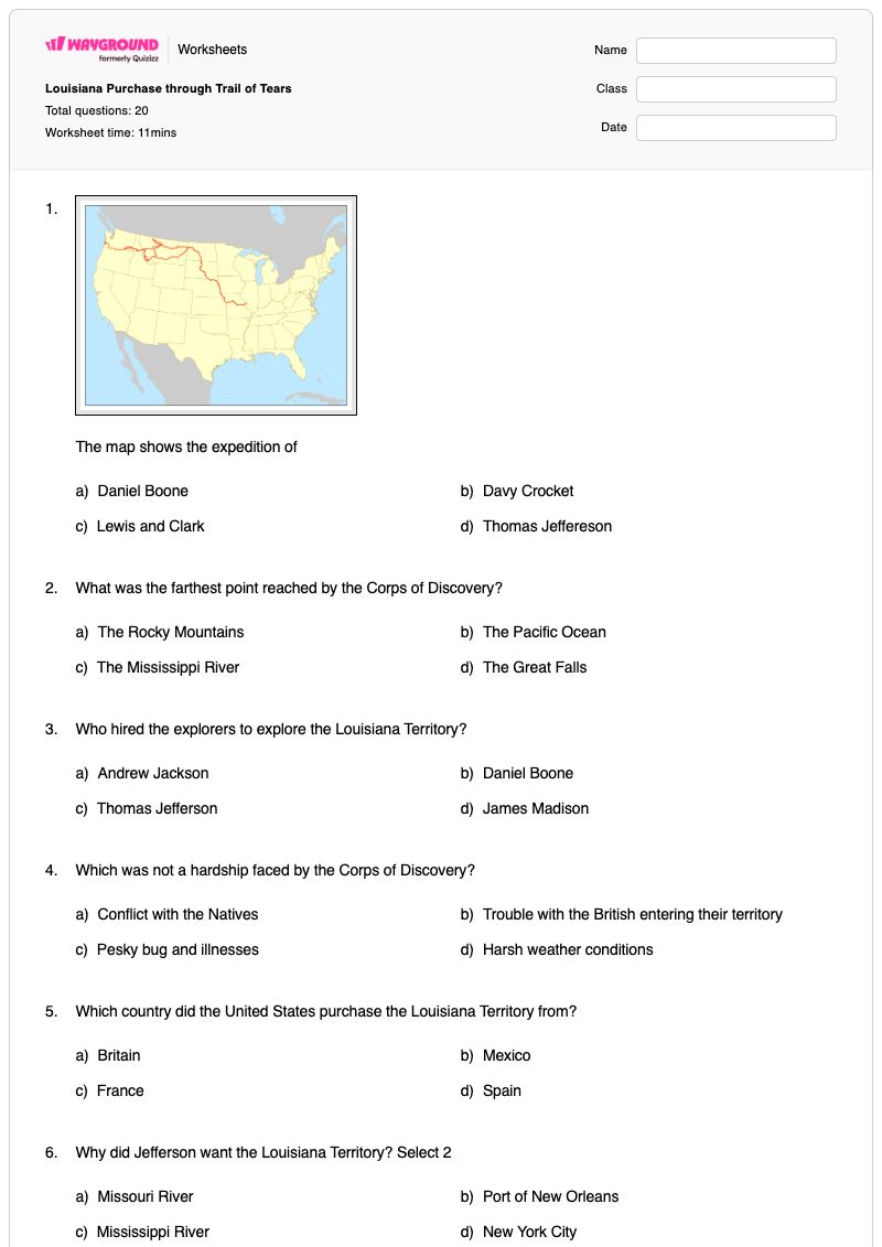 Louisiana Purchase through Trail of Tears  - Printable Louisiana-purchase Worksheets Class 4 - Wayground