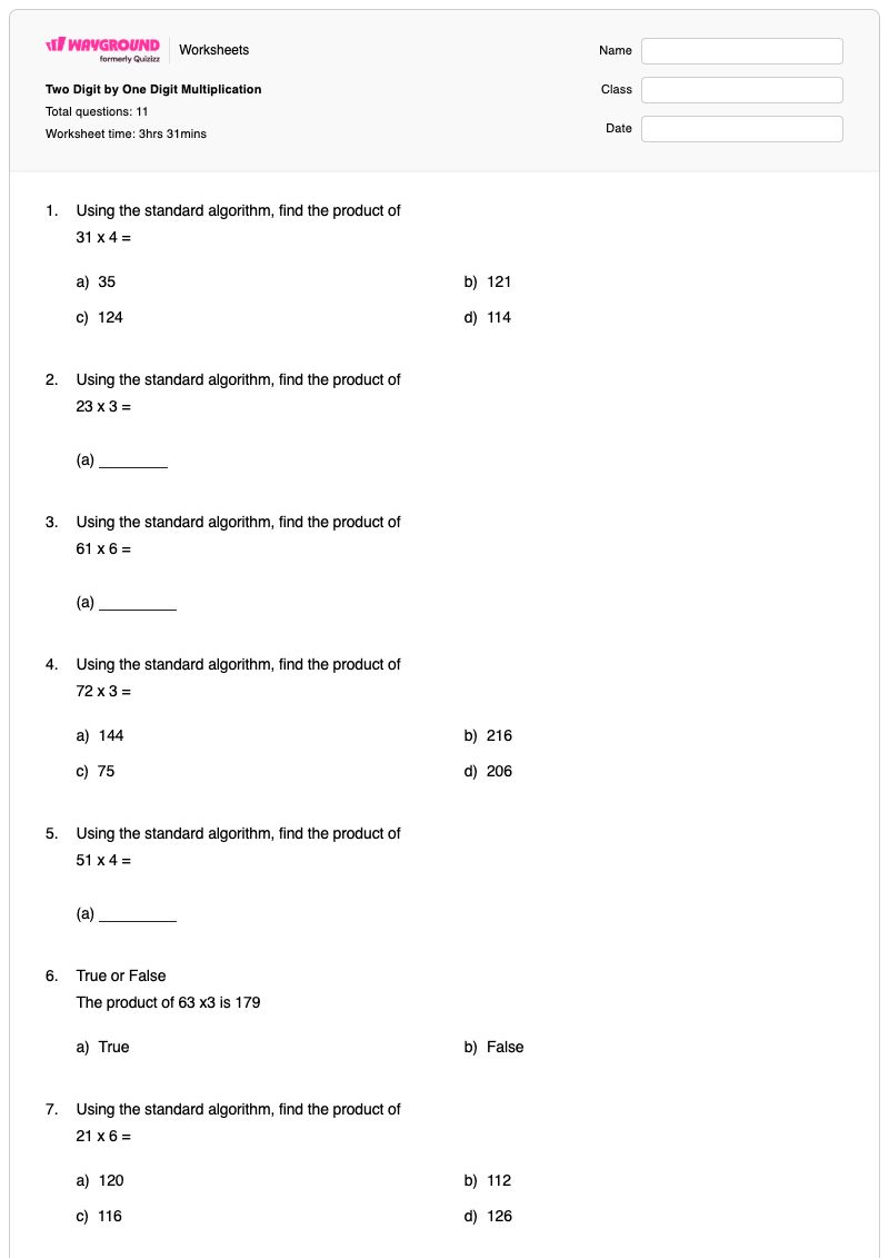 Two Digit by One Digit Multiplication  - Printable Subtraction Worksheets - Wayground
