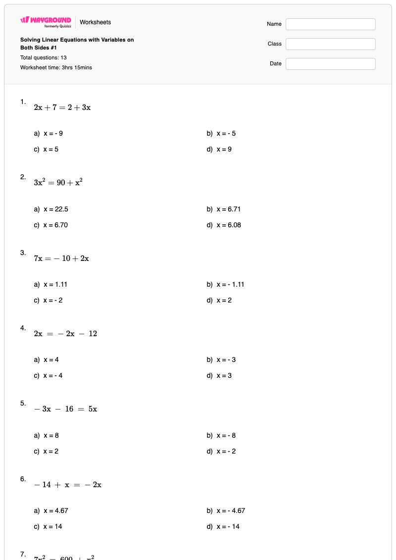 Solving Linear Equations with Variables on Both Sides #1 - พิมพ์ได้ สมการที่มีตัวแปรอยู่ทั้งสองข้าง เวิร์กชีท - Wayground