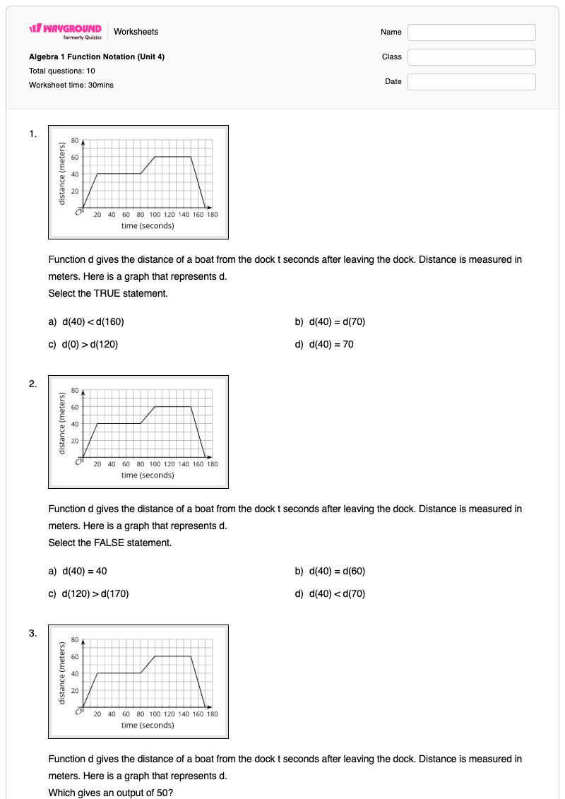 Algebra 1 Function Notation (Unit 4) - พิมพ์ได้ Function-notation เวิร์กชีท - Wayground