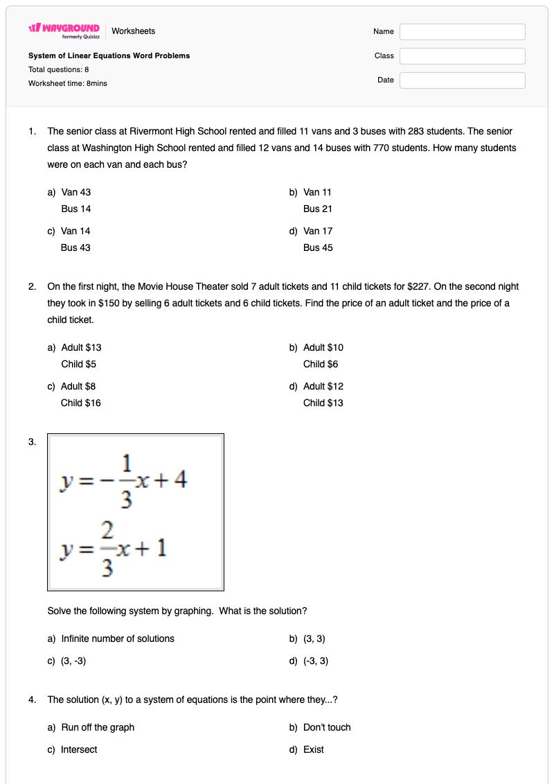System of Linear Equations Word Problems - Printable System-of-equations-word-problems Worksheets - Wayground