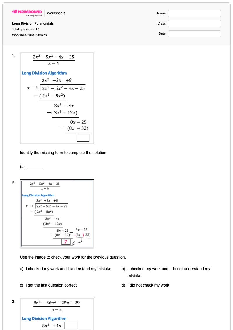 Long Division Polynomials - Printable Division Worksheets - Wayground