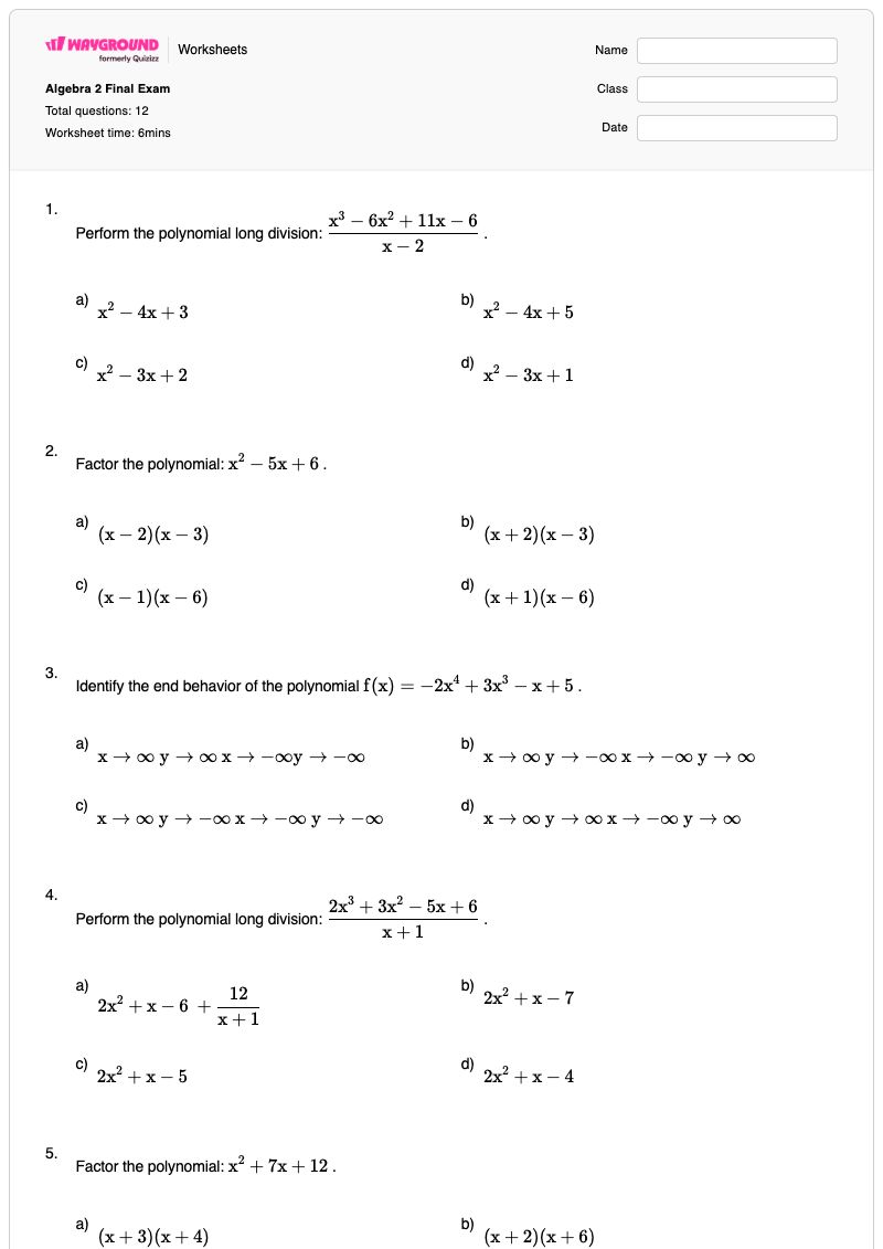 Algebra 2 Final Exam - Printable Algebra-2 Worksheets - Wayground