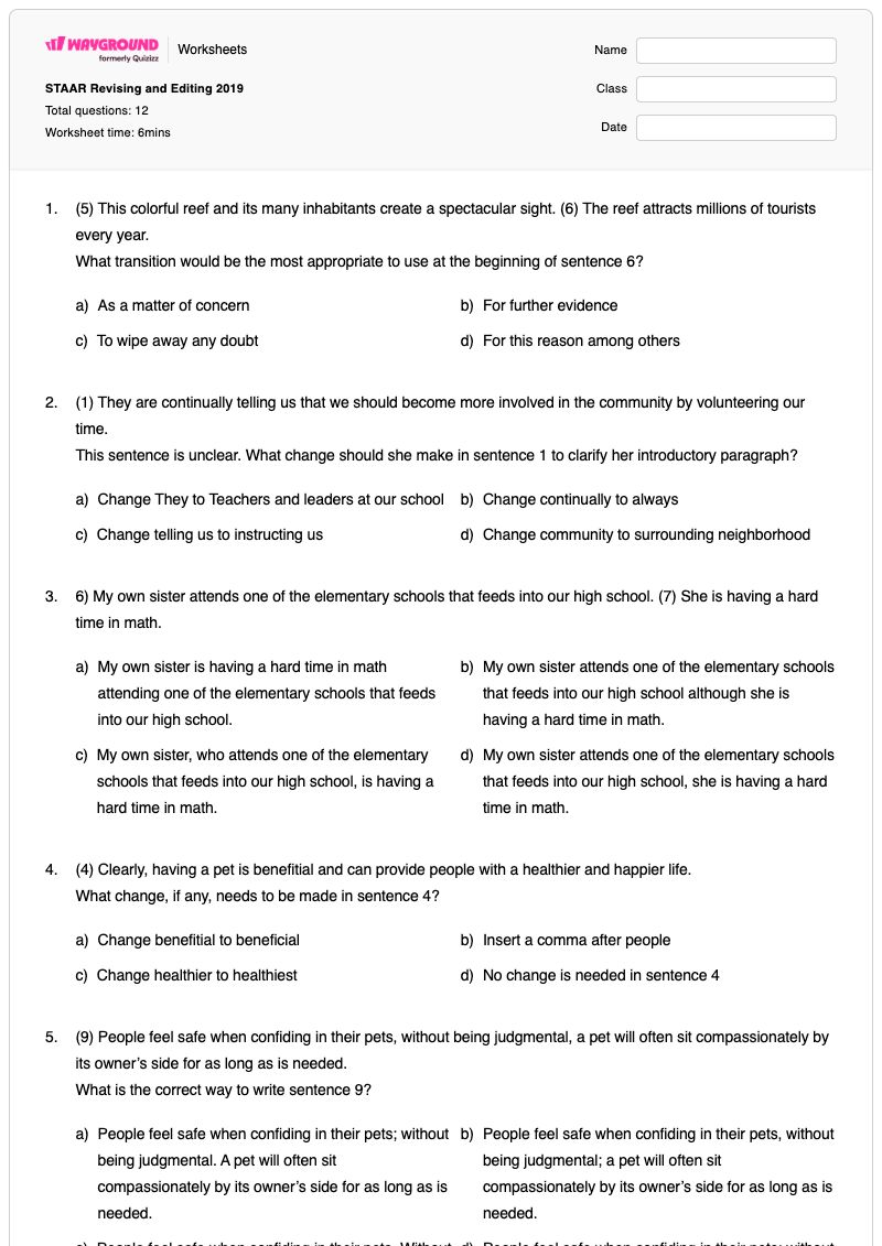 STAAR Revising and Editing 2019 - Printable Math Worksheets - Wayground