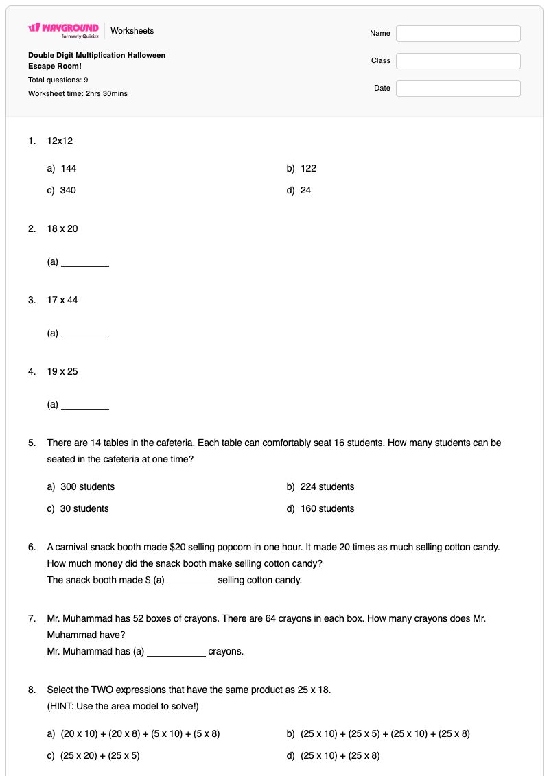 Double Digit Multiplication Halloween Escape Room! - Printable Multiplication Worksheets - Wayground
