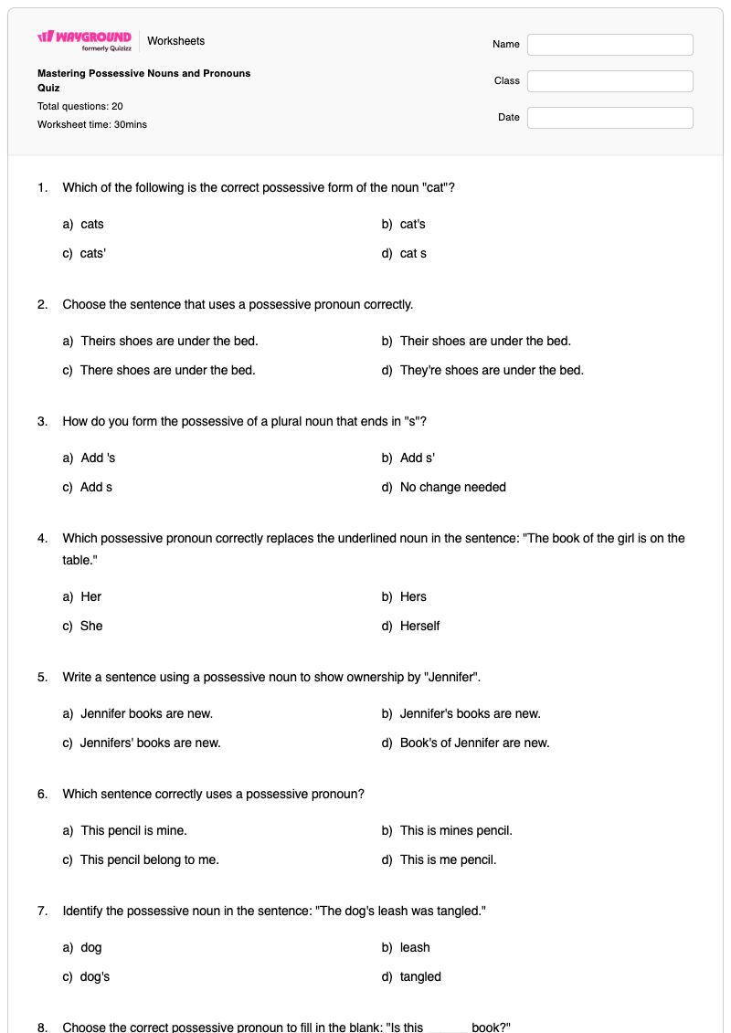 Mastering Possessive Nouns and Pronouns Quiz - Printable Plural-and-possessive-forms Worksheets Year 3 - Wayground