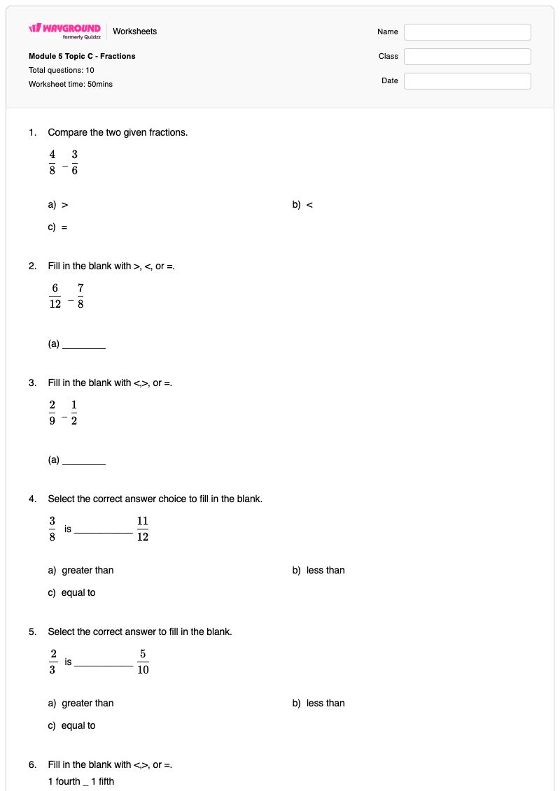 Module 5 Topic C - Fractions - Printable Comparing-numbers-more-or-less-than Worksheets Grade 4 - Wayground
