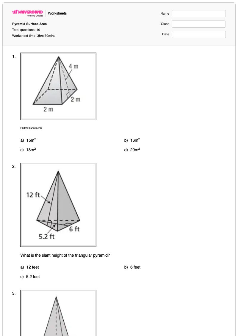 Pyramid Surface Area - Printable Volume-and-surface-area Worksheets - Wayground