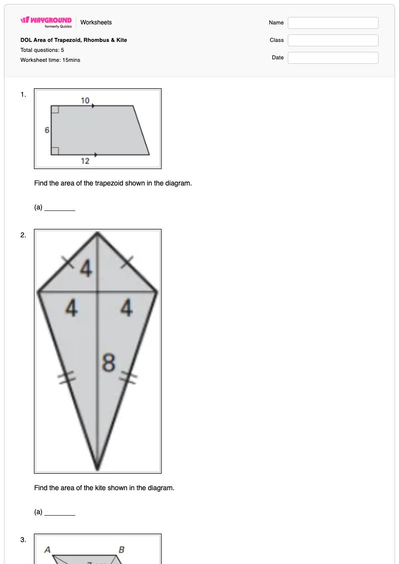 DOL Area of Trapezoid, Rhombus & Kite - Printable Area-of-a-trapezoid Worksheets - Wayground