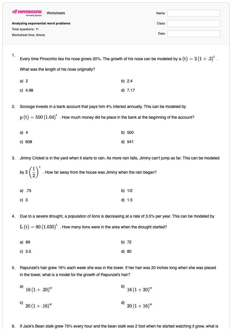 Analyzing exponential word problems - Printable Exponential-growth-and-decay Worksheets - Wayground