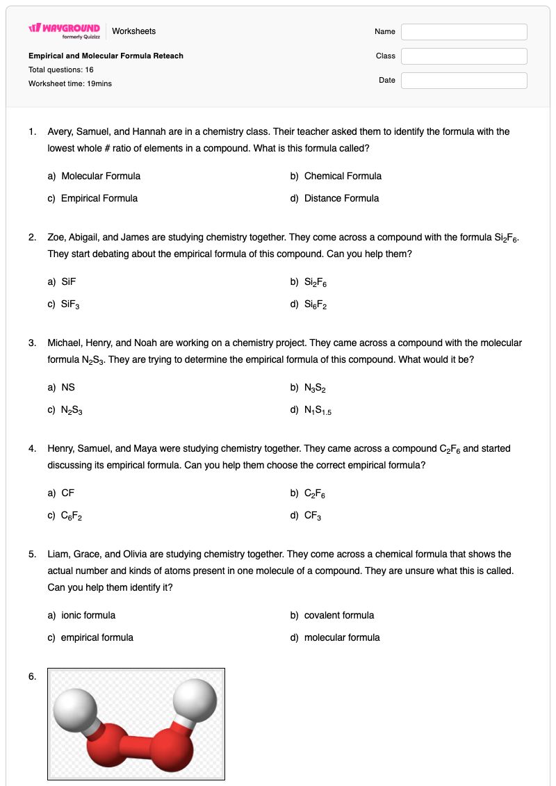 Empirical and Molecular Formula Reteach - พิมพ์ได้ สูตรเชิงประจักษ์และโมเลกุล เวิร์กชีท - Wayground