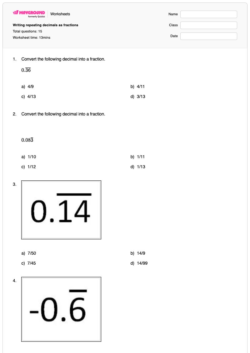 Writing repeating decimals as fractions - Printable Converting-fractions-to-decimals Worksheets - Wayground