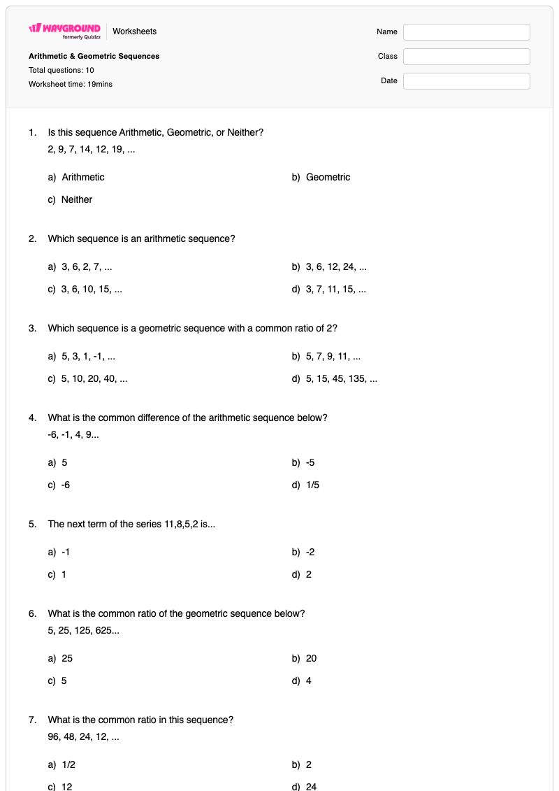 Arithmetic & Geometric Sequences - Printable Algebra Worksheets - Wayground