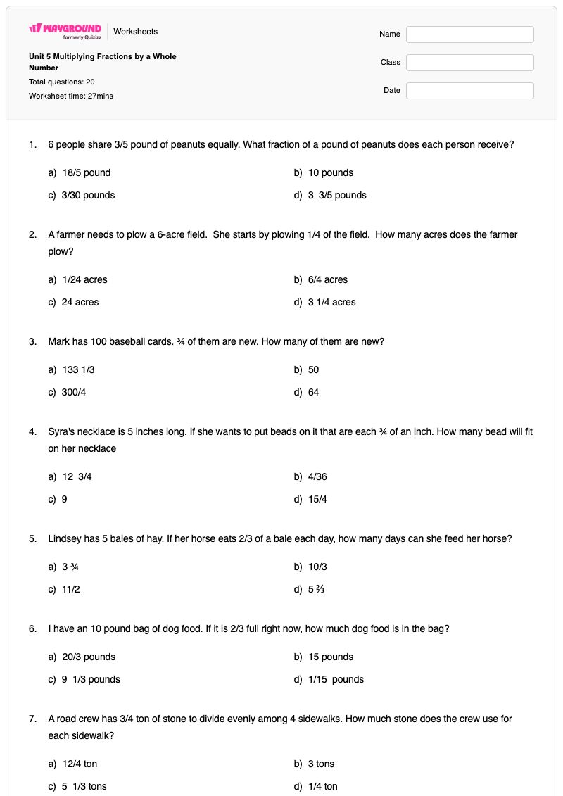 Unit 5 Multiplying Fractions by a Whole Number - Printable Fractions Worksheets - Wayground