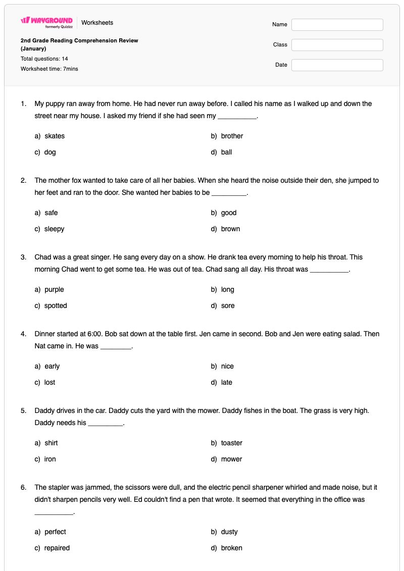 2nd Grade Reading Comprehension Review (January) - พิมพ์ได้ การอ่าน เวิร์กชีท ระดับ 2 - Wayground