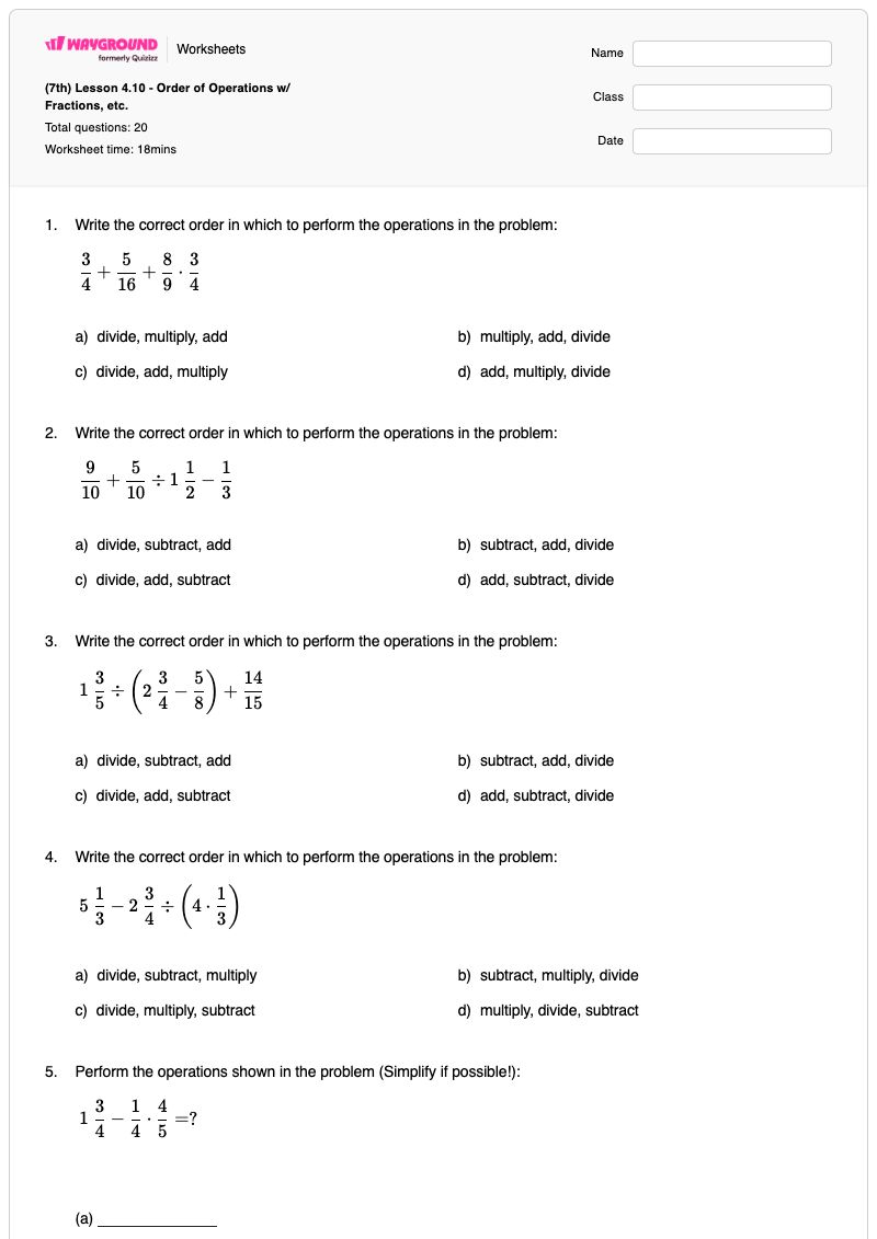 (7th) Lesson 4.10 - Order of Operations w/ Fractions, etc. - Printable Fractions Worksheets - Wayground