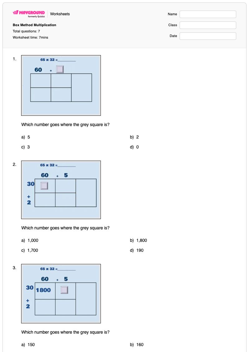 Box Method Multiplication - Printable Multiplication Worksheets - Wayground