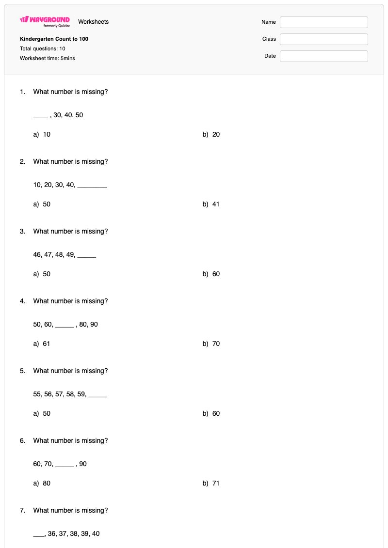 Kindergarten Count to 100 - พิมพ์ได้ Number-sequencing เวิร์กชีท - Wayground