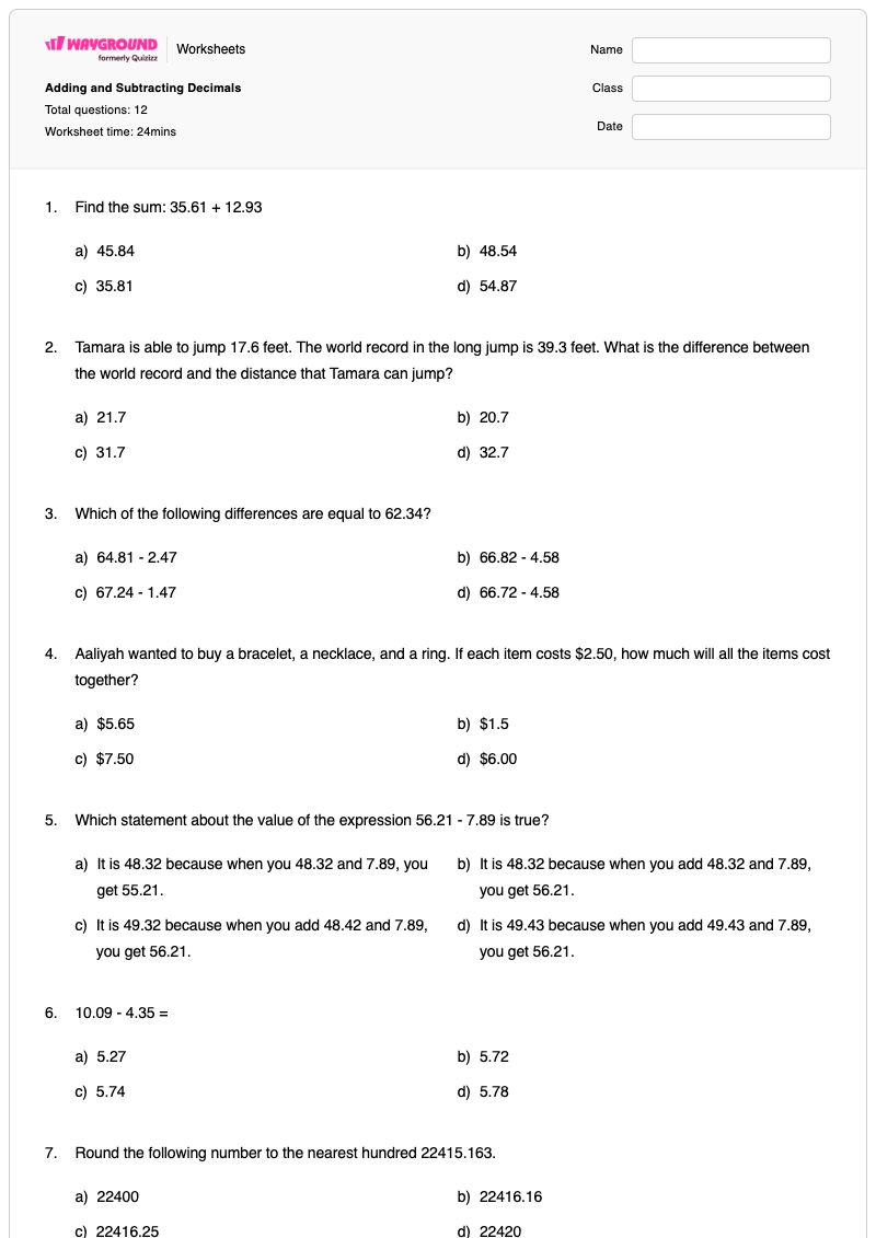 Adding and Subtracting Decimals - พิมพ์ได้ ส่วนที่เพิ่มเข้าไป เวิร์กชีท - Wayground