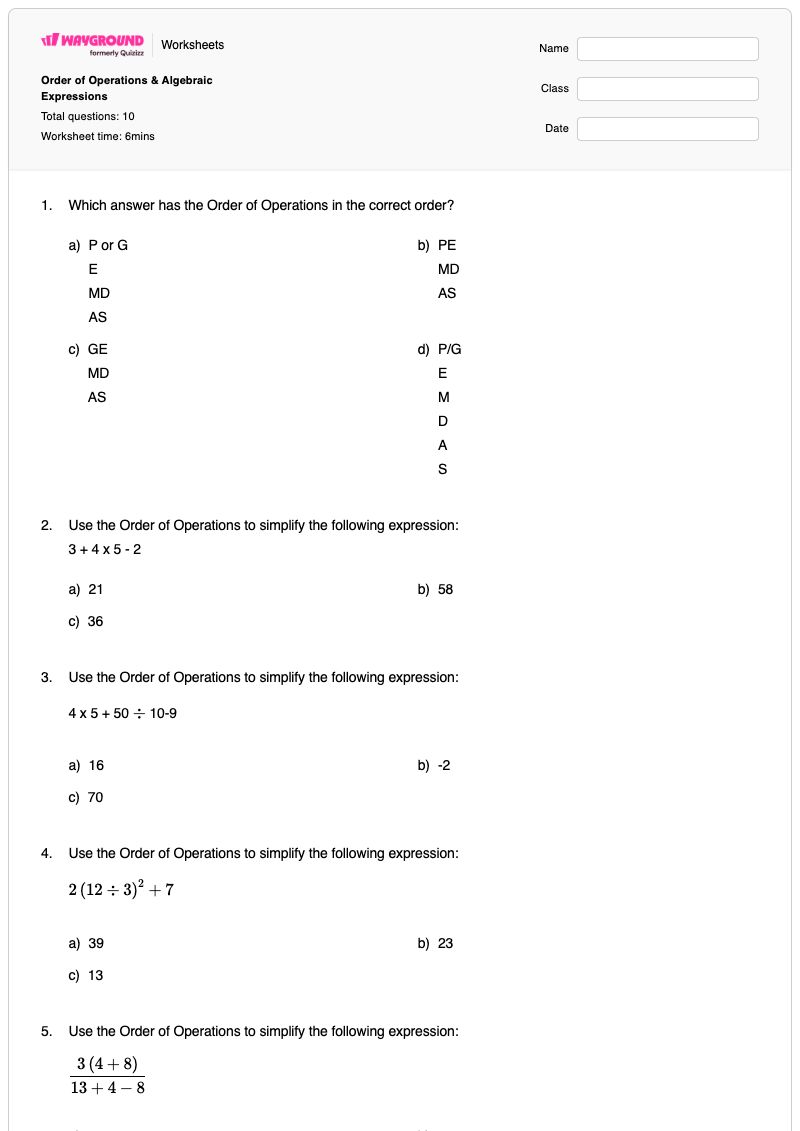 Order of Operations & Algebraic Expressions - Printable Algebra Worksheets - Wayground