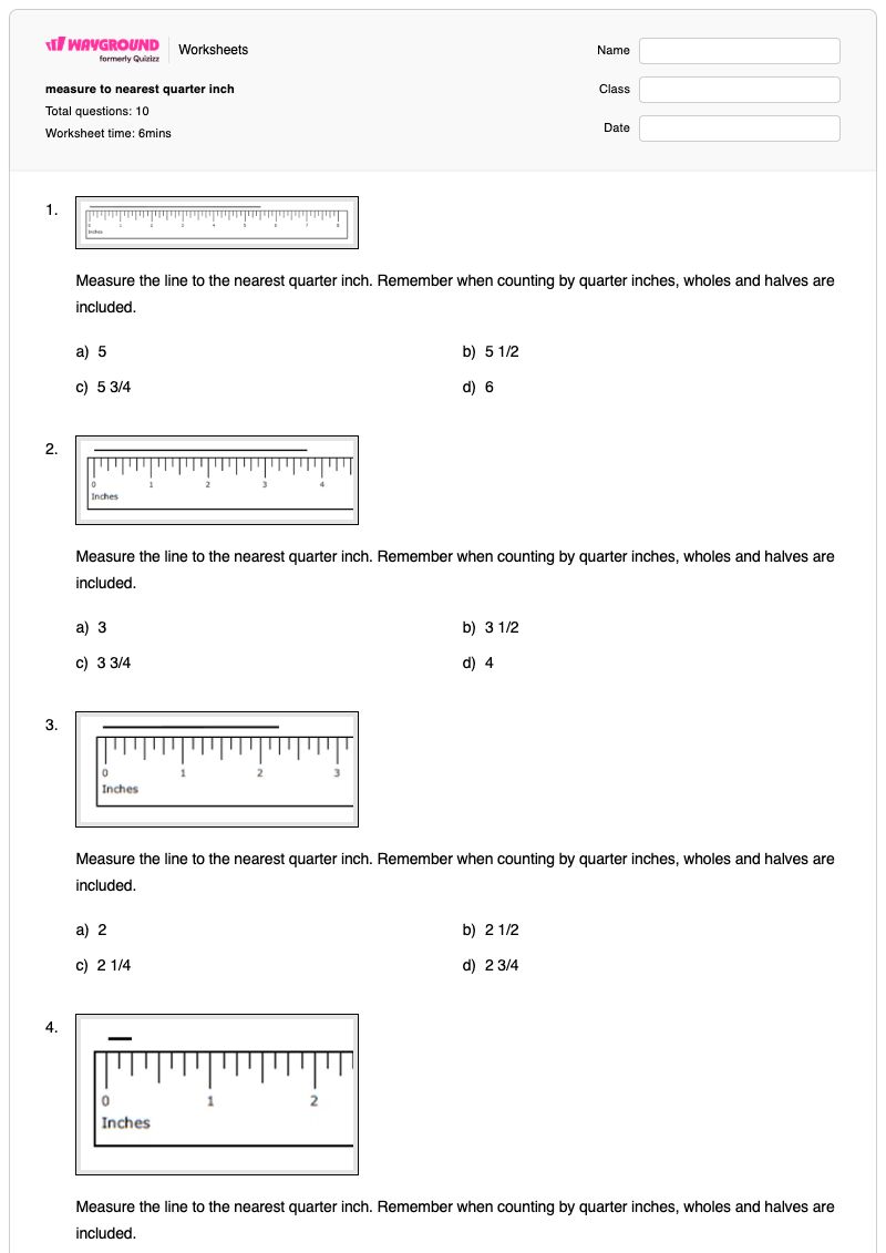 measure to nearest quarter inch - Printable Measuring-to-the-nearest-quarter-inch Worksheets - Wayground