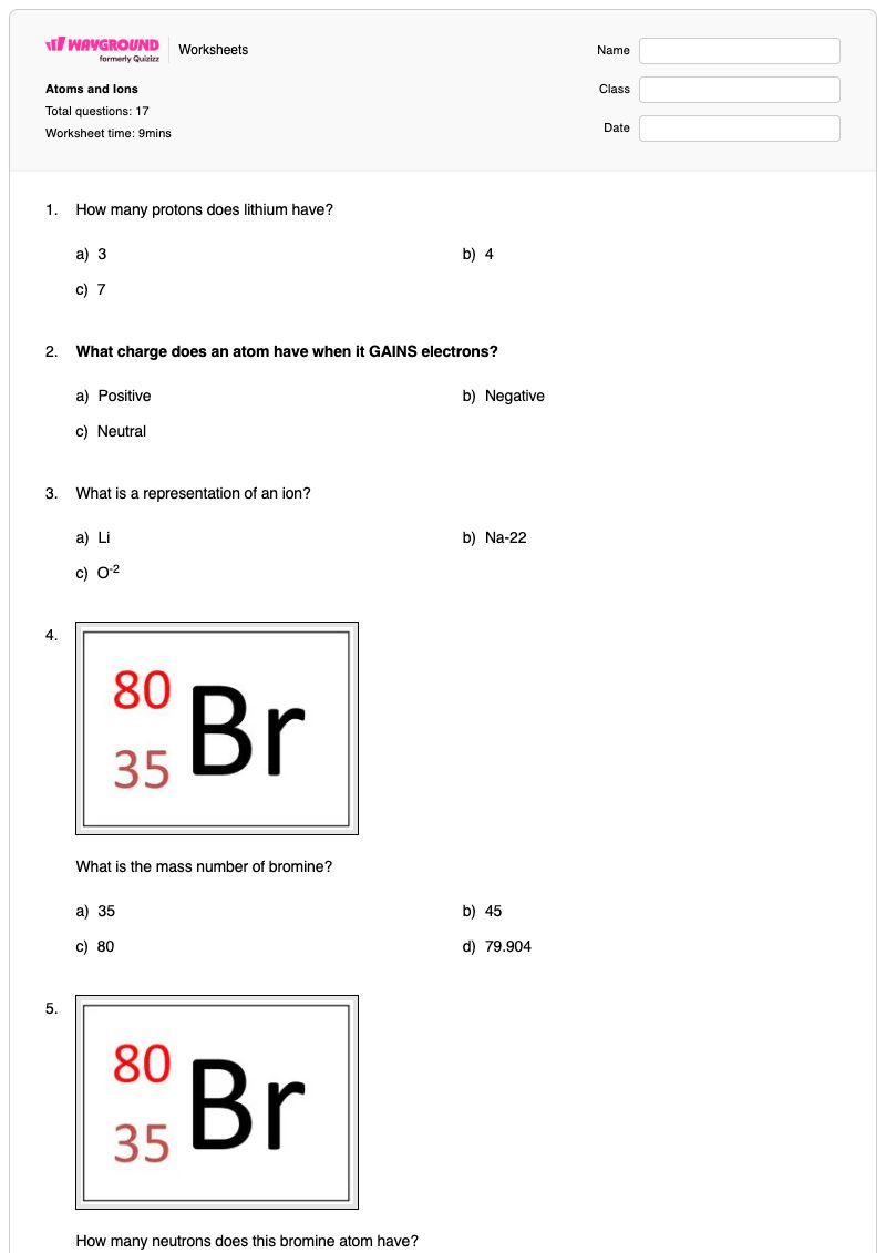 Atoms and Ions - พิมพ์ได้ Ions-and-atoms เวิร์กชีท - Wayground