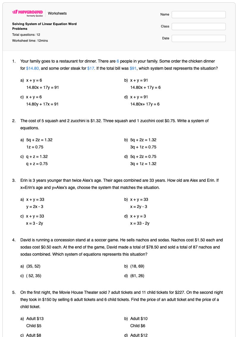 Solving System of Linear Equation Word Problems - Printable System-of-equations-word-problems Worksheets - Wayground