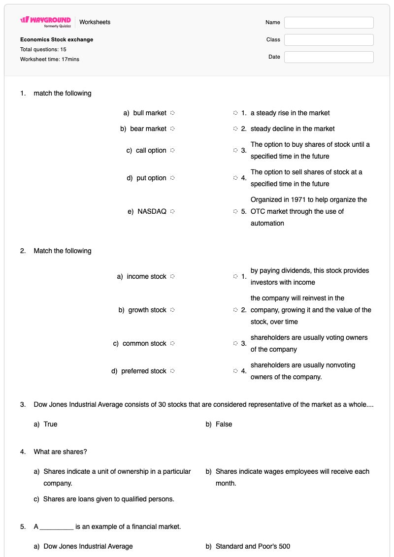 Economics Stock exchange - Printable Bankruptcy Worksheets Grade 12 - Wayground