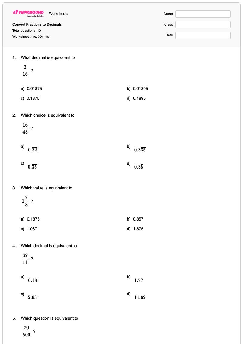 Convert Fractions to Decimals - Printable Fractions Worksheets - Wayground