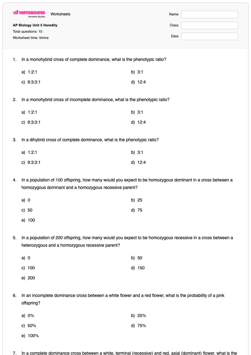 AP Biology Unit 5 Heredity - พิมพ์ได้ การผสมแบบโมโนไฮบริด เวิร์กชีท - Wayground