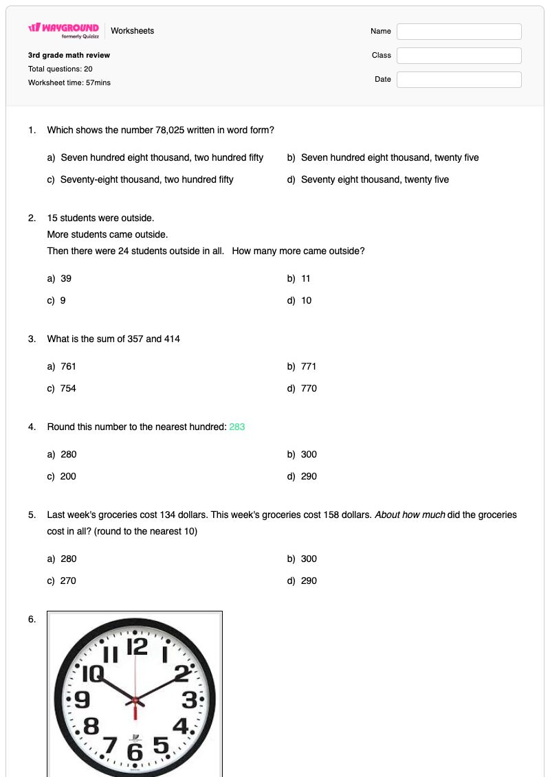 3rd grade math review - พิมพ์ได้ ส่วนที่เพิ่มเข้าไป เวิร์กชีท - Wayground