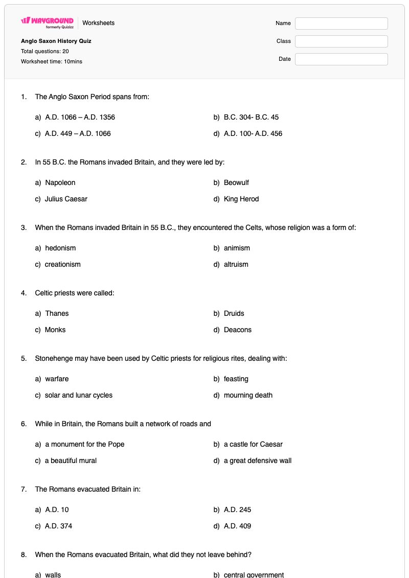 Anglo Saxon History Quiz - Printable Math Worksheets - Wayground