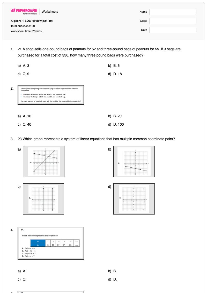 Algebra 1 EOC Review(#21-40) - Printable System-of-equations-word-problems Worksheets - Wayground