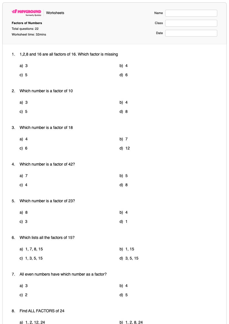 Factors of Numbers - พิมพ์ได้ การค้นหาปัจจัยที่ขาดหายไป เวิร์กชีท - Wayground