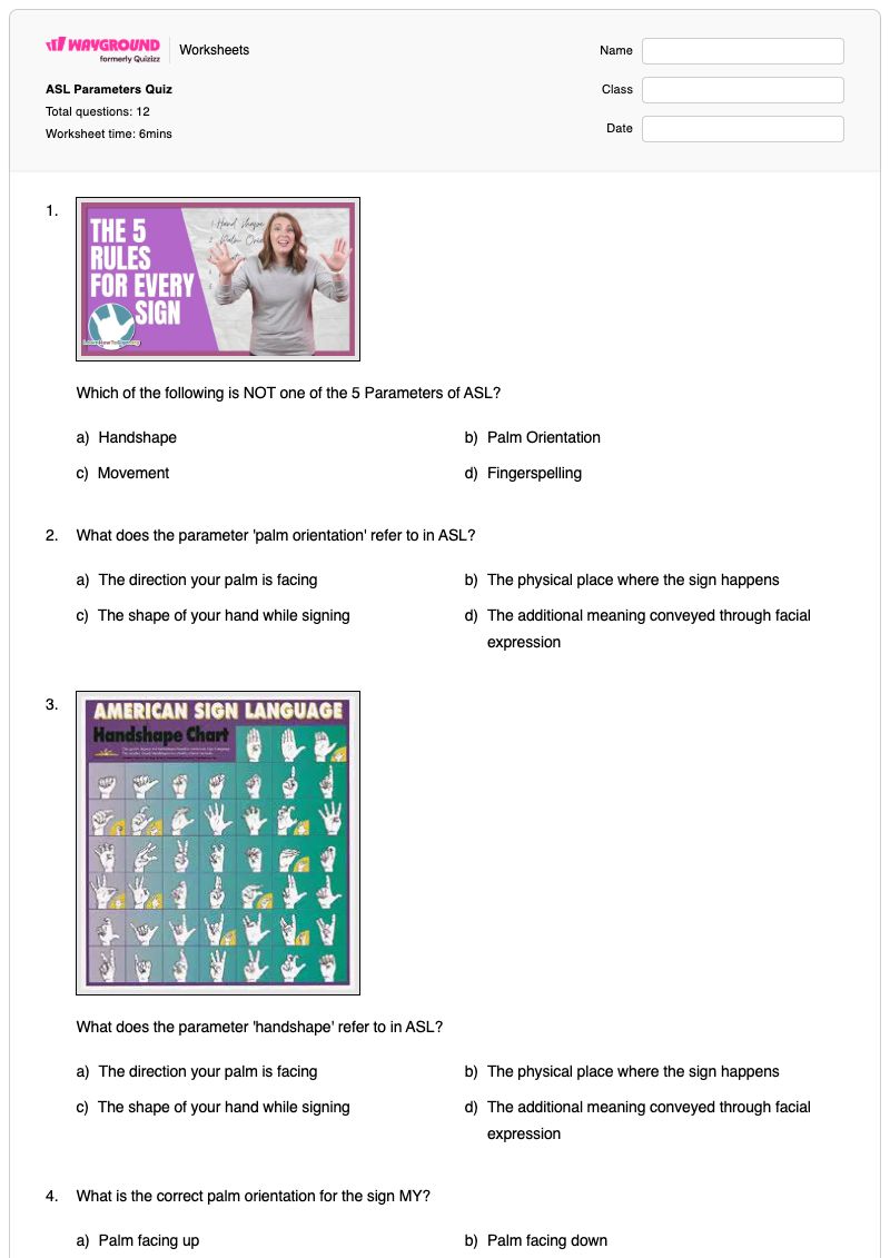 ASL Parameters Quiz - Printable Asl-fingerspelling Worksheets Kindergarten - Wayground