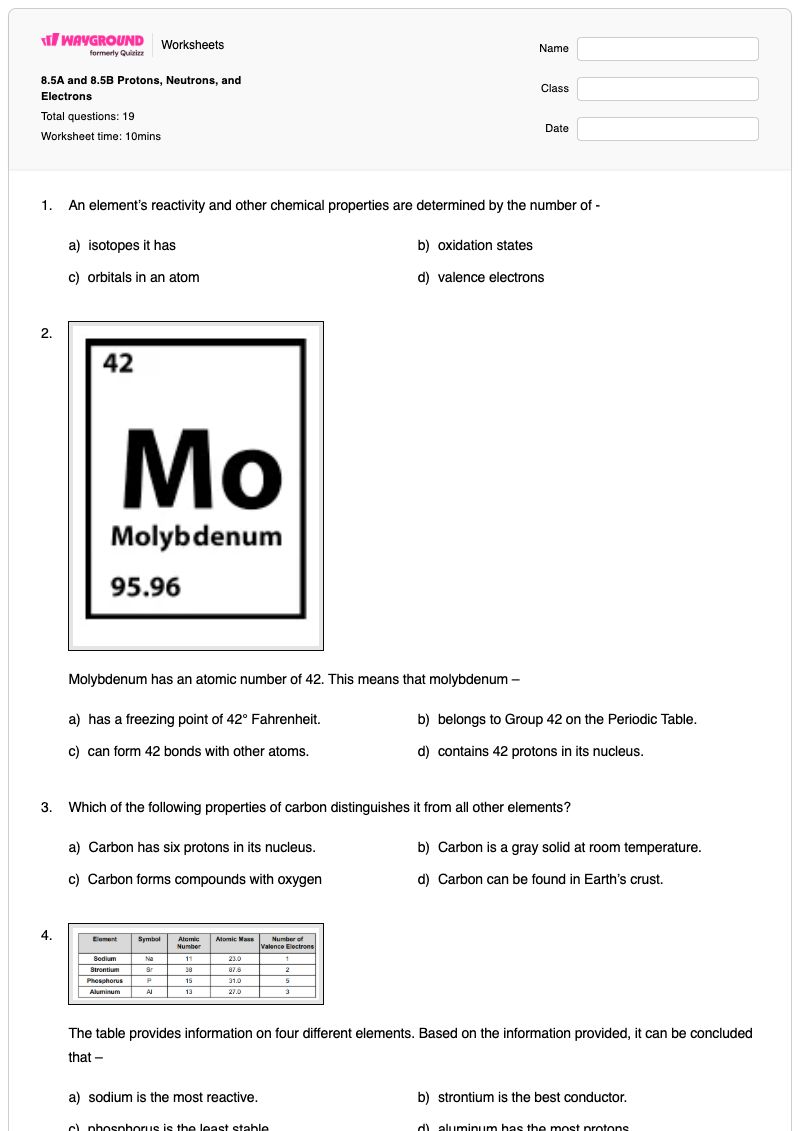 8.5A and 8.5B Protons, Neutrons, and Electrons - พิมพ์ได้ Ions-and-isotopes เวิร์กชีท ระดับ 8 - Wayground