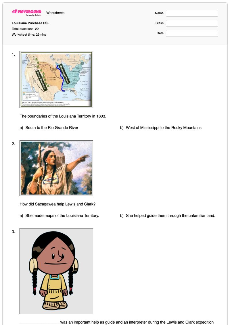 Louisiana Purchase ESL - Printable Lewis-and-clark-expedition Worksheets Year 7 - Wayground