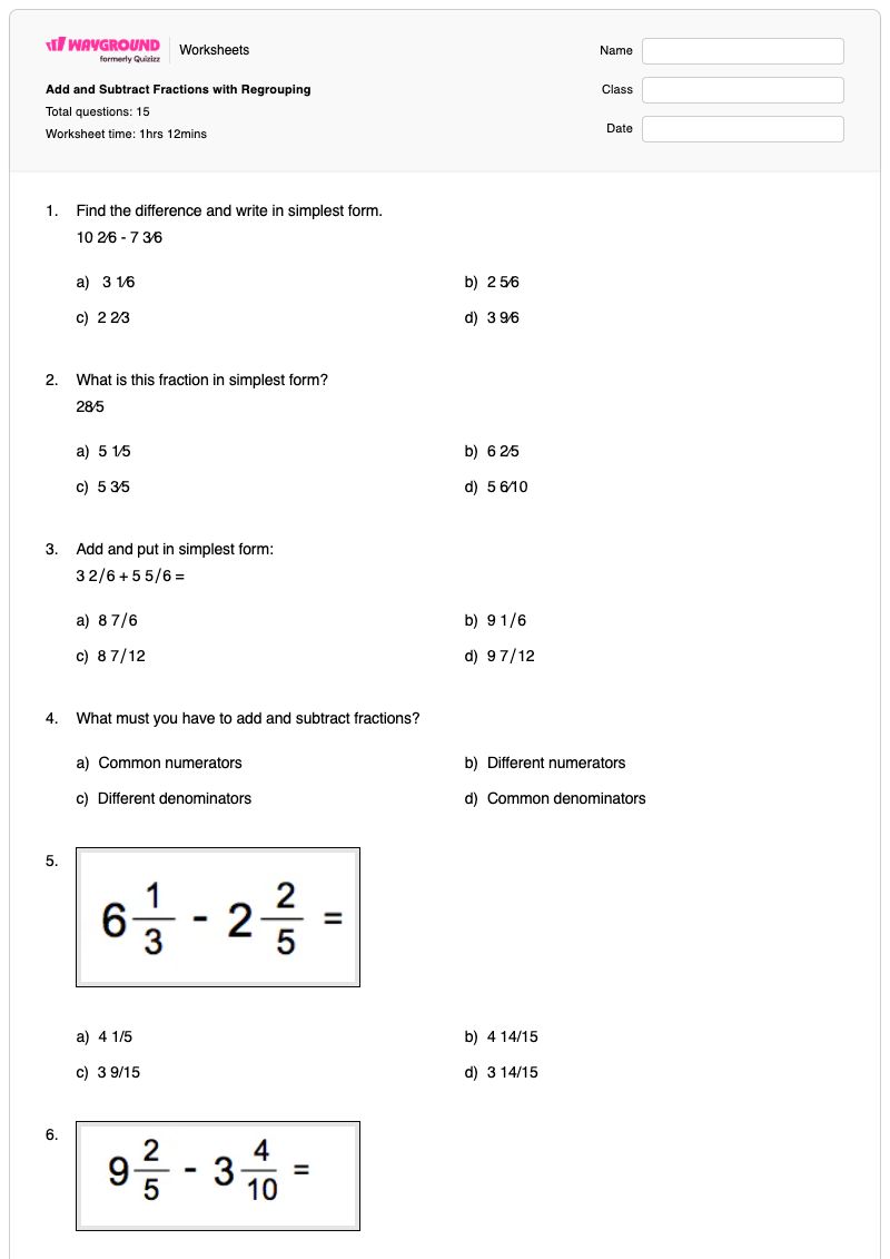 Add and Subtract Fractions with Regrouping - Printable Fractions Worksheets - Wayground