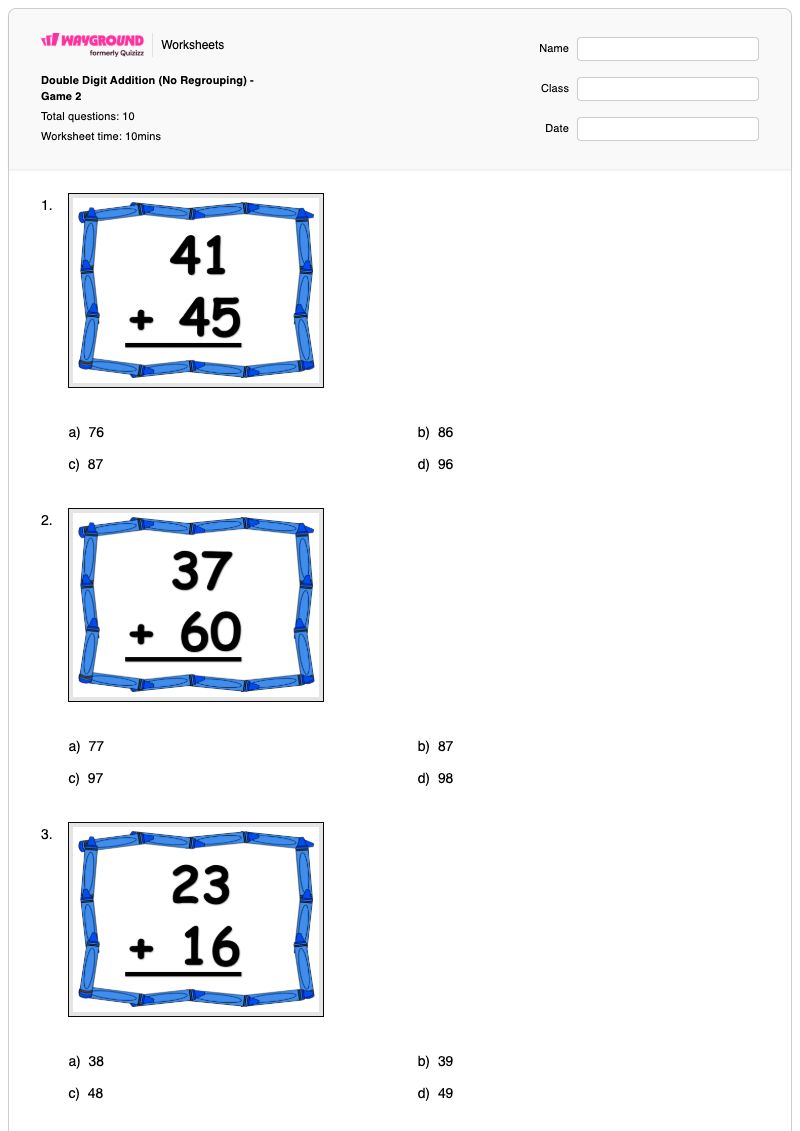 Double Digit Addition (No Regrouping) - Game 2 - Printable Addition Worksheets - Wayground