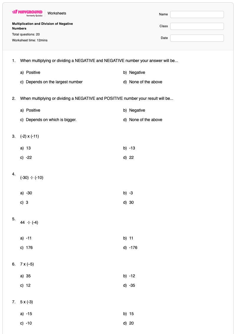 Multiplication and Division of Negative Numbers - Printable Multiplication Worksheets - Wayground