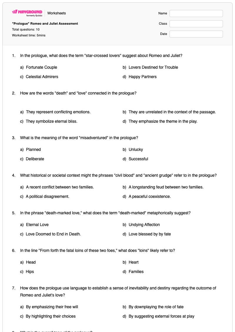 "Prologue" Romeo and Juliet Assessment - Printable Romeo-and-juliet Worksheets - Wayground