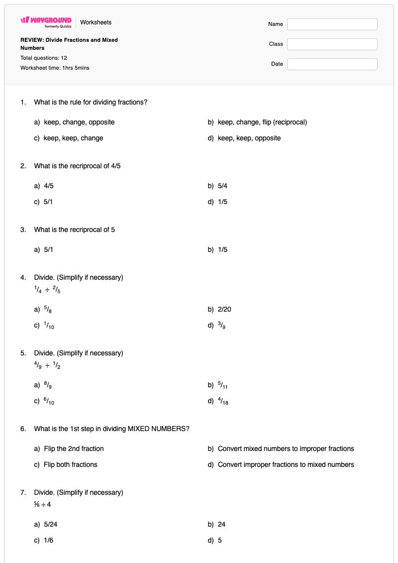 REVIEW: Divide Fractions and Mixed Numbers - Printable Division Worksheets - Wayground