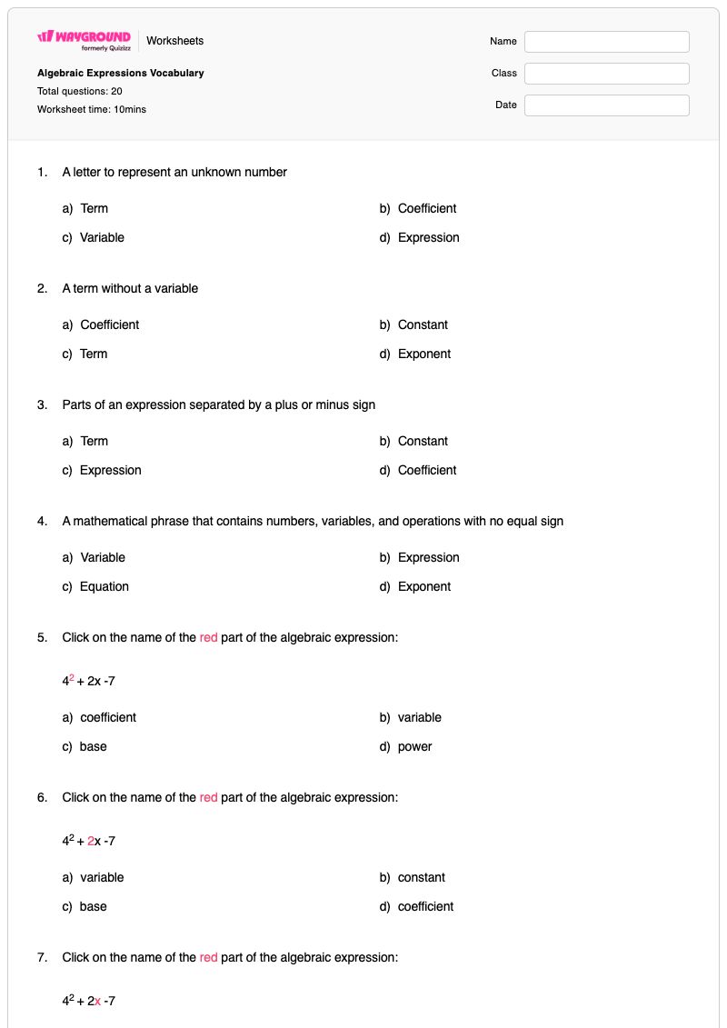 Algebraic Expressions Vocabulary - พิมพ์ได้ การแสดงออก เวิร์กชีท - Wayground