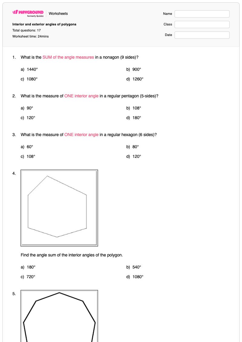 Interior and exterior angles of polygons - Printable Angles Worksheets - Wayground