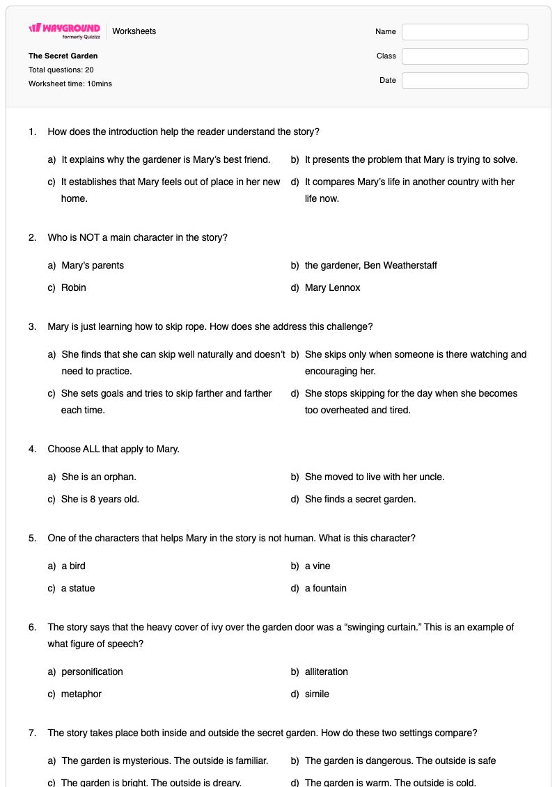 The Secret Garden - Printable Word-games Worksheets Year 5 - Wayground