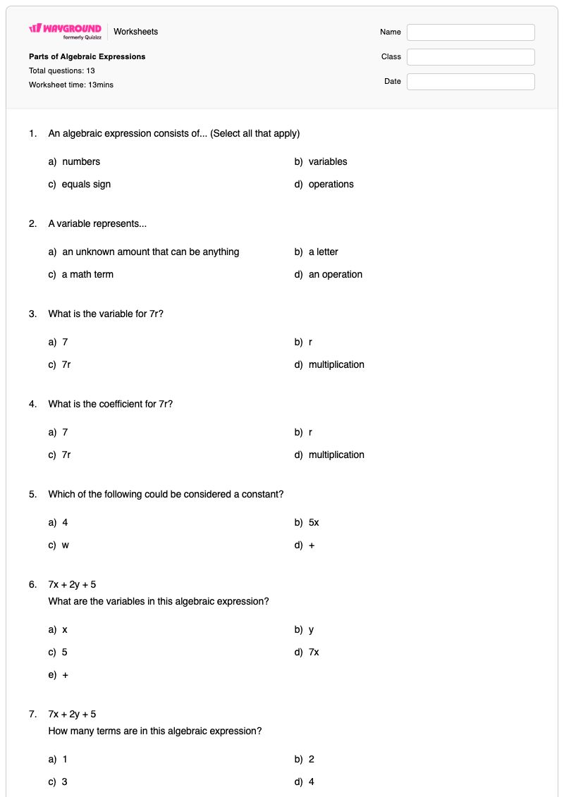 Parts of Algebraic Expressions - Printable Parts-of-an-expression Worksheets - Wayground
