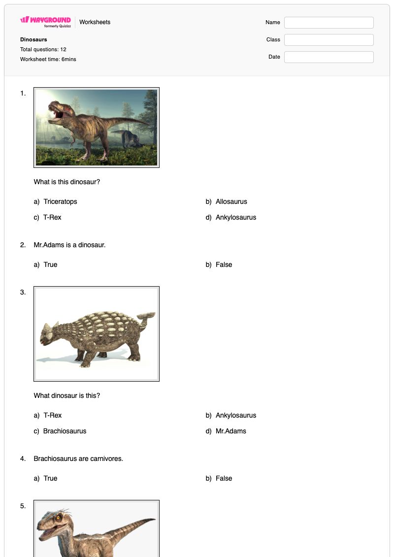 Dinosaurs - Printable Math Worksheets - Wayground