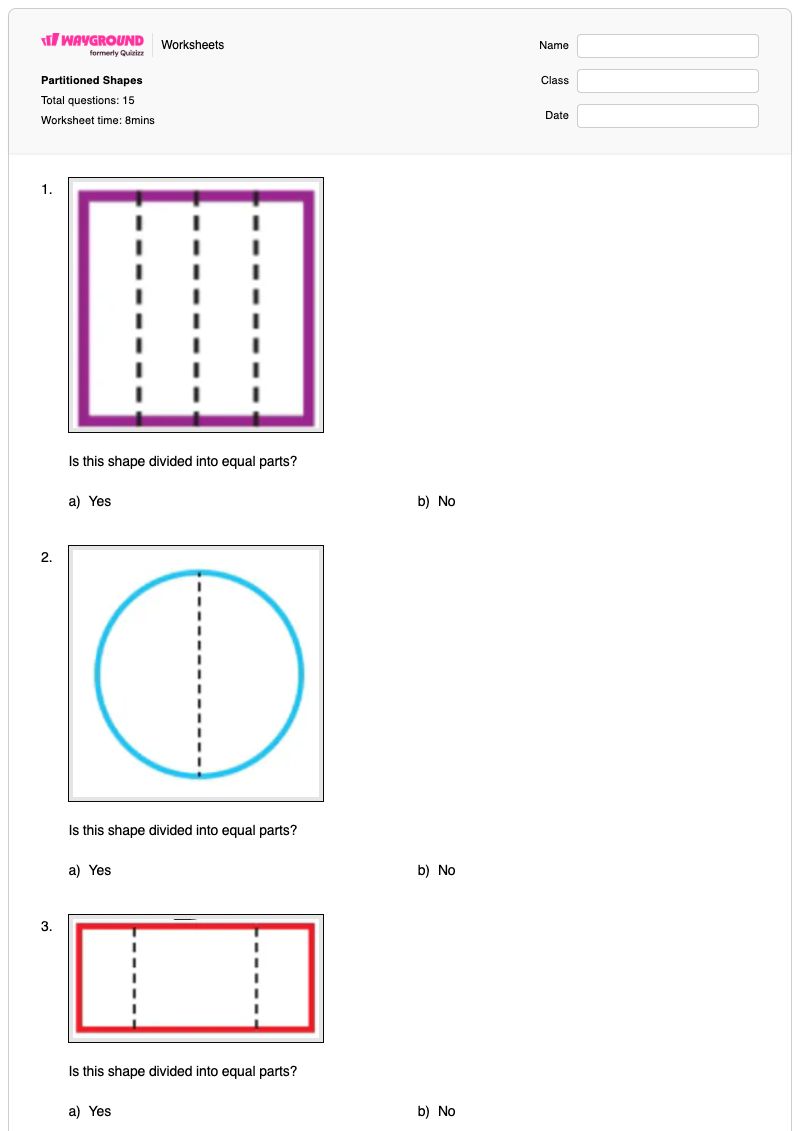Partitioned Shapes - พิมพ์ได้ Halves-and-fourths เวิร์กชีท - Wayground