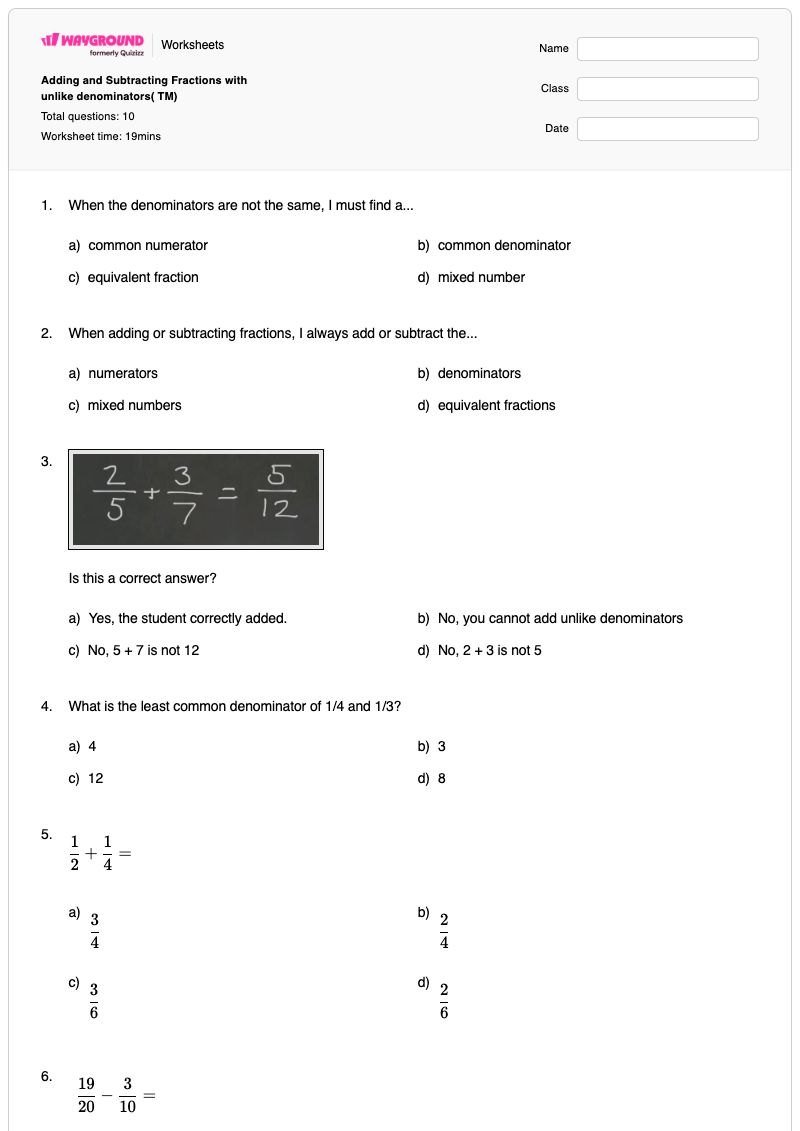 Adding and Subtracting Fractions with unlike denominators( TM) - พิมพ์ได้ Addition-and-subtraction เวิร์กชีท - Wayground